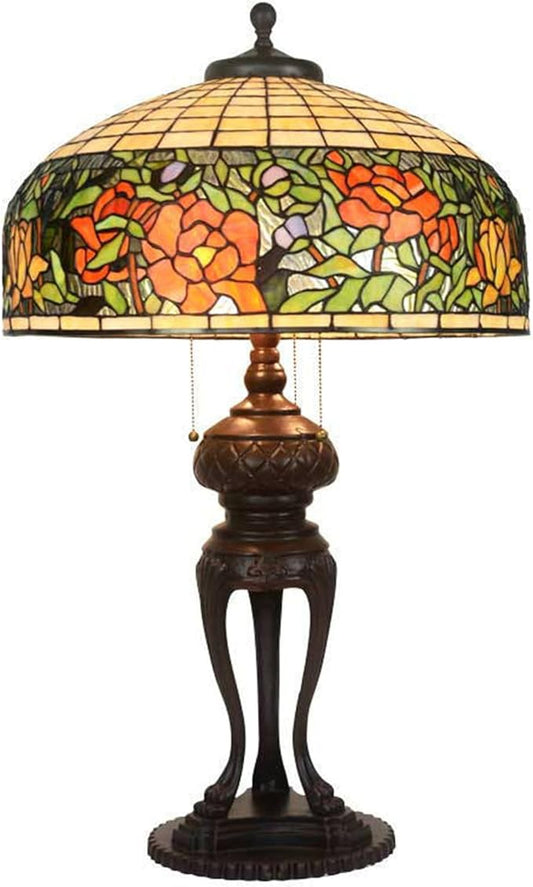 Tiffany Lamp Table Lamp Rose Dragonfly Tulip Wisteria Grape Peach Kapok Peony Apple Flower Design Stained Glass Lampshade Desk Lamp for Girl Living Room Iron Base W20 XH32,Rose