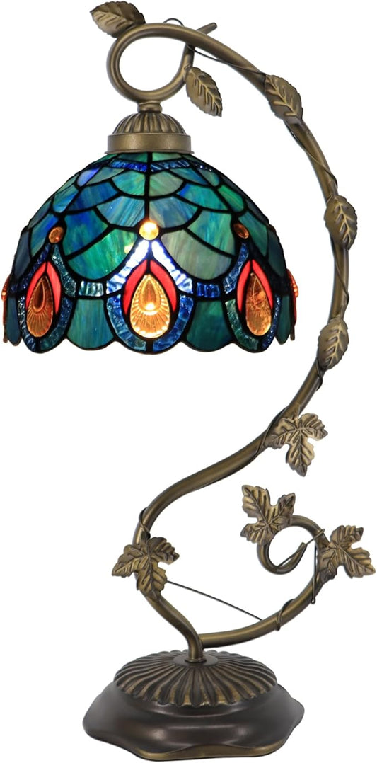 Tiffany Table Lamp, Stained Glass Desk Reading Light,Metal Leaf Table Lamp Base 8X10X21 Inches (Brown Crystal)