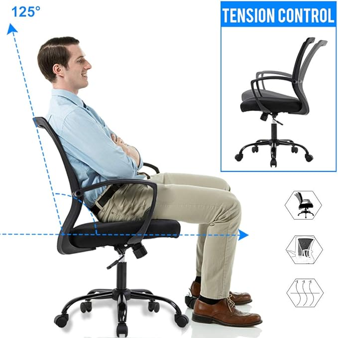 Office Chair Ergonomic Desk Chair Mesh Computer Chair with Lumbar Support Armrest Mid Back Rolling Swivel Adjustable Task Chair for Women Adults, Black