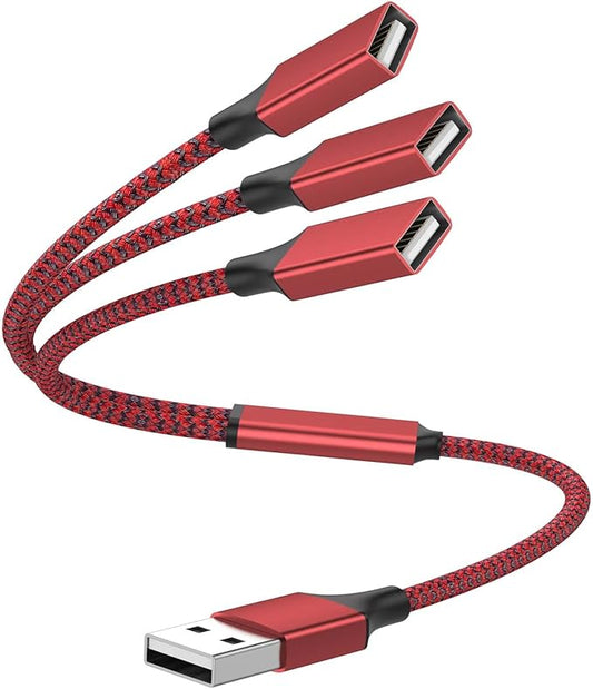 1FT USB Splitter 3 in 1 Out, A Male to 3 Female Extension Cable, USB Y Splitter Support Charging and Data Transfer for TV/PC/Laptop/MacBook/Keyboard/ PS4/ PS5/ Flash Drive/LED Etc.(Red)