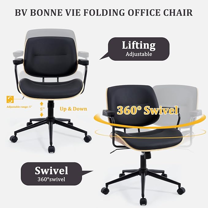 BV Mid Century Modern Office Chair Set of 1, Swivel Rolling Deak Chair with Armrests and Walnut Back, Adjustable Desk Chair for Home Office, Black
