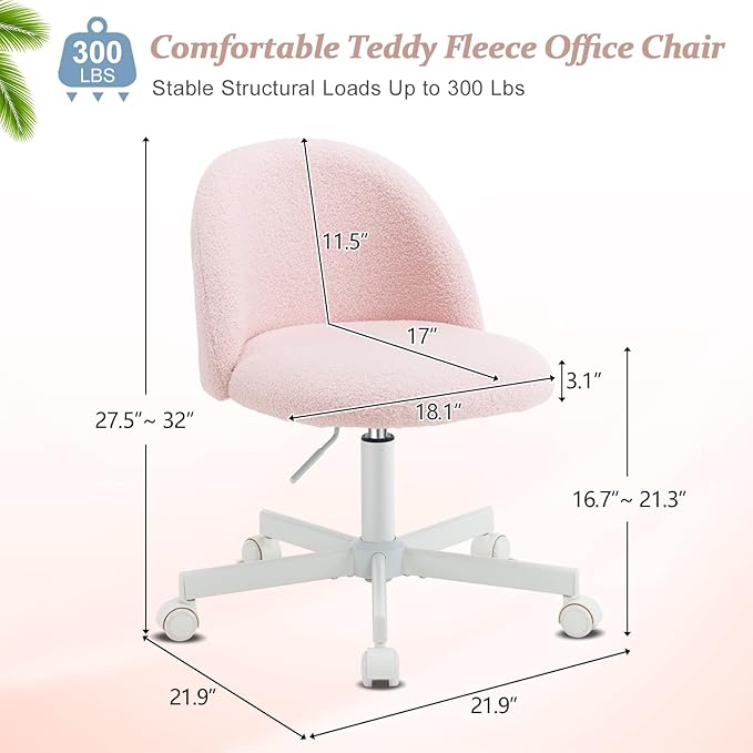 VINGLI Cute Candy Chair Armless Comfy Small Office Desk Vanity Chair with Wheels & Lumbar Support,Teddy Adjustable Rolling Swivel Computer Task Ch for Home Office,Bedroom,Gentle Pink