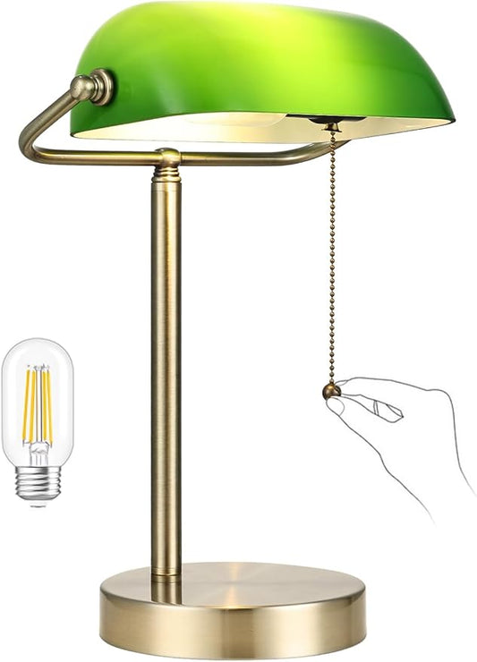 Newrays Traditional Green Glass Bankers Desk Lamp with Pull Chain Switch Plug in Fixture,LED Bulb Included