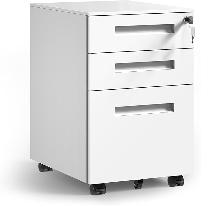 DEVAISE 3-Drawer Metal File Cabinet with Lock, Mobile Filing Cabinet Under Desk for Home Office, Fully Assembled Printer Stand fits A4/F4/Letter/Legal Size, White, 20" D x 15" W x 24" H