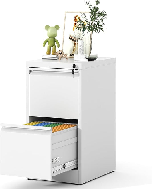 File Cabinet, Vertical File Cabinets with Lock for Home Office,Heavy Duty Office Steel Filing Cabinet for Hanging Letters/Legal/A4, Assembly Required (White, 2 Drawers)