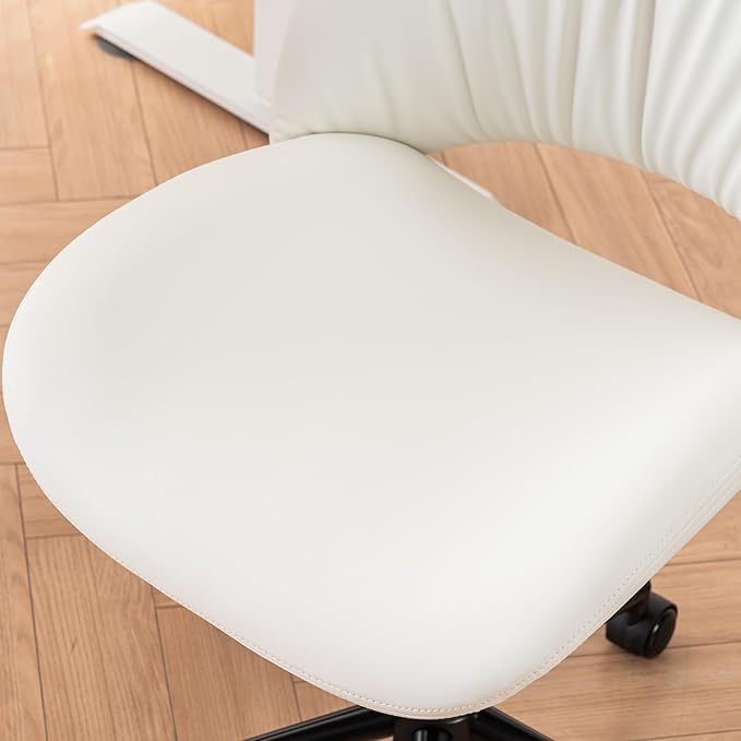 Rowill Armless Office Desk Chair, Ergonomic PU Leather Modern Task Chair with Back Adjustable Height, 360° Swivel Vanity Chairs with Wheels for Small Space, Home Office, Bedroom, White