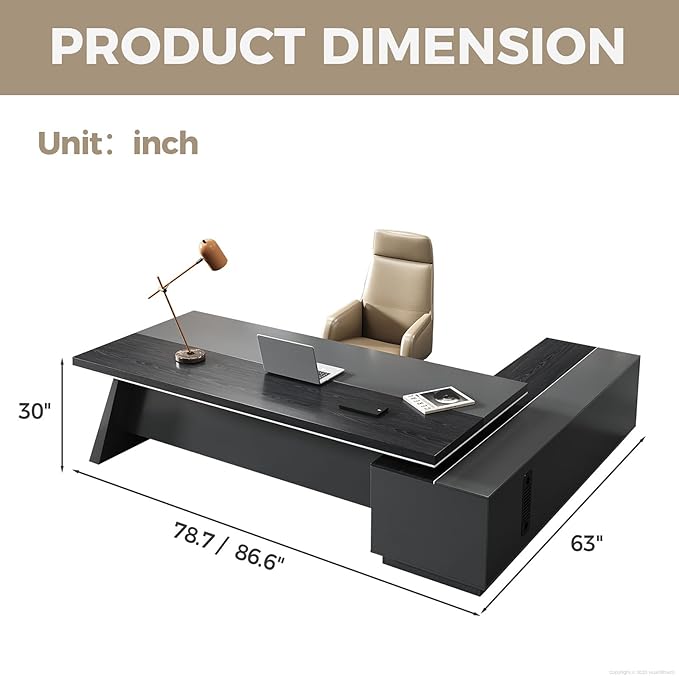 Modern L Shape Executive Desk with Storage Drawers – Large Black Corner Office Desk for Home Workspace, Spacious Executive Desk with Cabinets (Black/Left, 79" L * 63" W * 30" H)