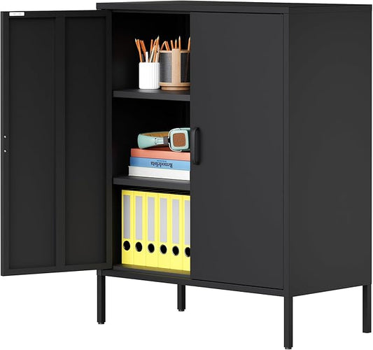 2 Door Metal Storage Cabinet with 2 Shelves, 3 Tier Garage Storage Locker Cabinet for Home, Entryway, Hallway and Office, Assembly Required, Black, (LC-CSG)