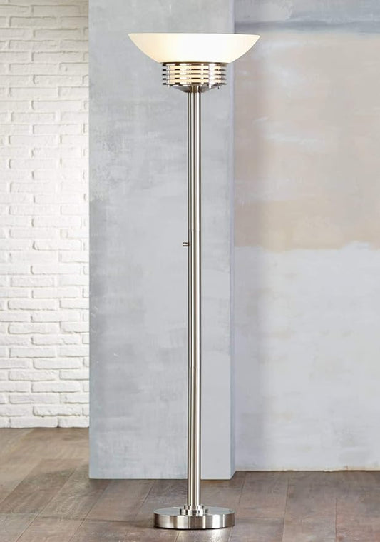 Possini Euro Design Light Blaster Art Deco Torchiere Floor Lamp LED 72.5" Tall Brushed Nickel Silver Frosted White Glass Bowl Standing Pole Light for Living Room Reading House Bedroom Home