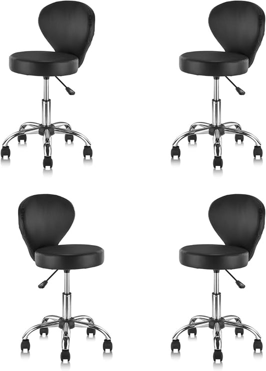 Pu Leather Round Rolling Swivel Salon Stool Chair, with Adjustable Height and Back Support for Office Massage Facial Spa Medical Drafting Tattoo Beauty Barber Black 4PK