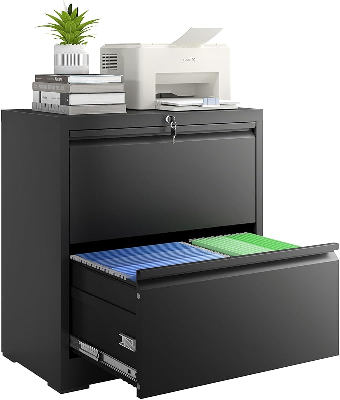 2 Drawer File Cabinet with Lock, Lateral Filing Cabinets,Metal Storage Filing Cabinets for Home Office, Heavy Duty File Cabinet for Letter/Legal/A4/F4 Size, Amssebly Required, Black