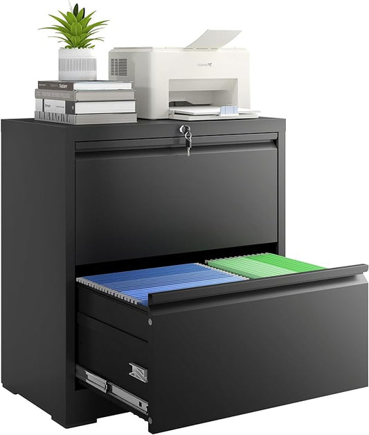 2 Drawer File Cabinet with Lock, Lateral Filing Cabinets,Metal Storage Filing Cabinets for Home Office, Heavy Duty File Cabinet for Letter/Legal/A4/F4 Size, Amssebly Required, Black