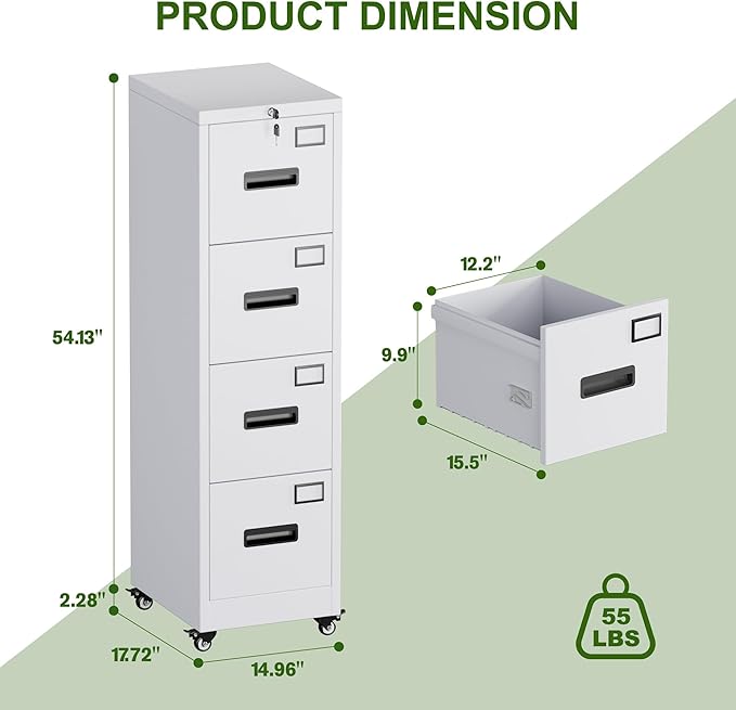 Aobabo 4 Drawer File Cabinet with Wheels, Lockable Metal Filing Cabinet with Name Card for Office and Home,Required Assembly,White