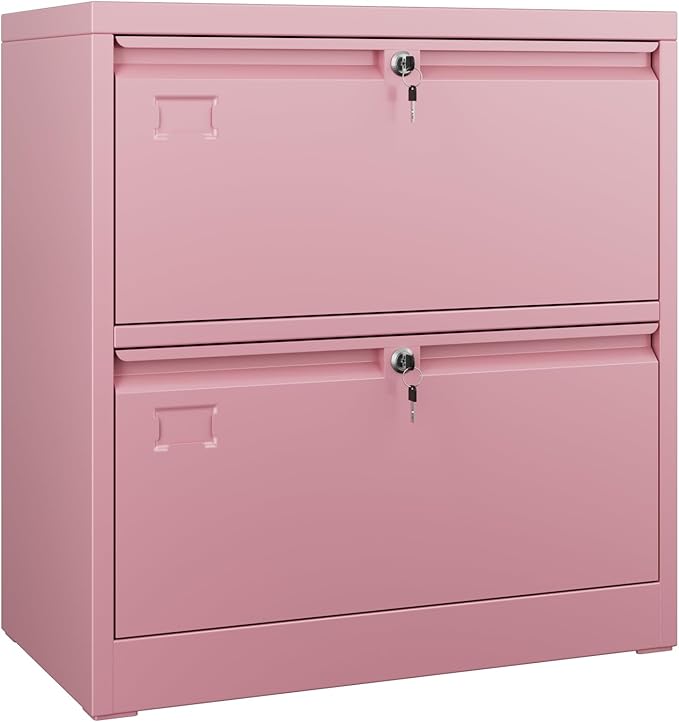 Aobabo 2 Drawer Wide Lateral File Cabinet, Metal Filing Cabinet with Lock, Suitable for Home Office School Hanging Files Letter/Legal/F4/A4 Size,Pink,Required-Assembly,15.87" D x 28.94" W x 30.24" H