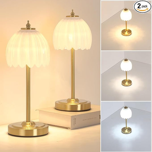 Set of 2 Cordless Table Lamp with 5000mAh Battery & Touch Control - 3 Adjustable Color Temperatures, Dimmable RechargeableTable Lamps for Bedroom, Office Desk, Nightstand (White Tulip)