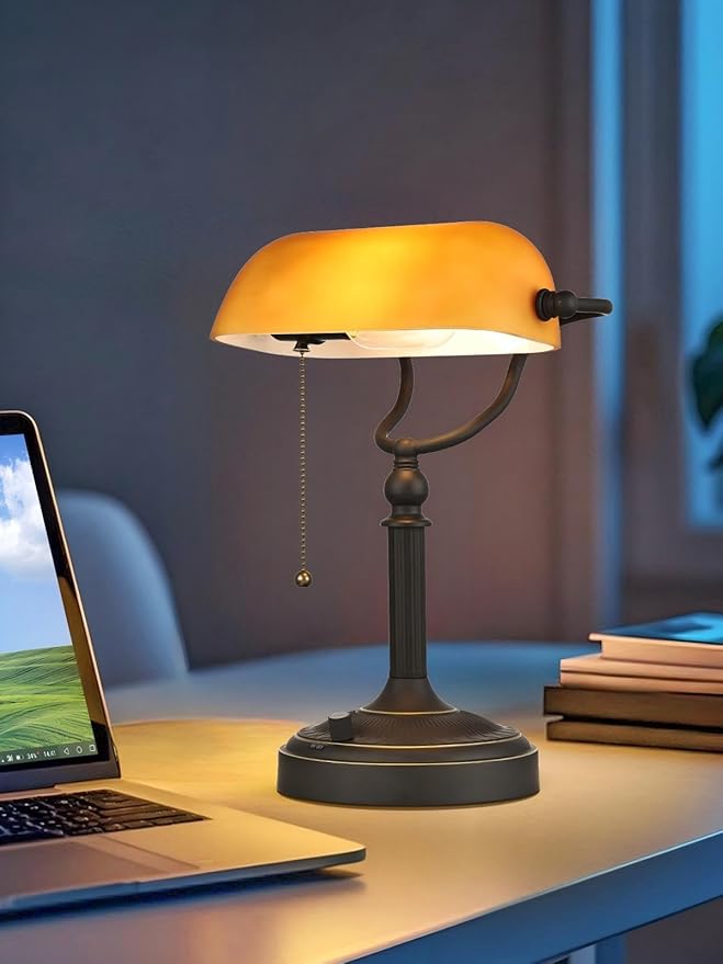 Newrays Matted Amber Glass Bankers Desk Lamp, Stepless Dimmable Table Lamp Plug in Fixture for Study, Home Office,Library, LED Bulb Included