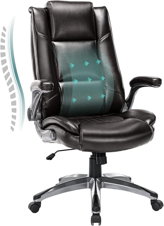 Leather Executive Office Chair - High Back Home Computer Desk Chair with Padded Flip-up Arms, Adjustable Tilt Lock, Swivel Rolling Ergonomic Chair for Adult Working Study, Brown