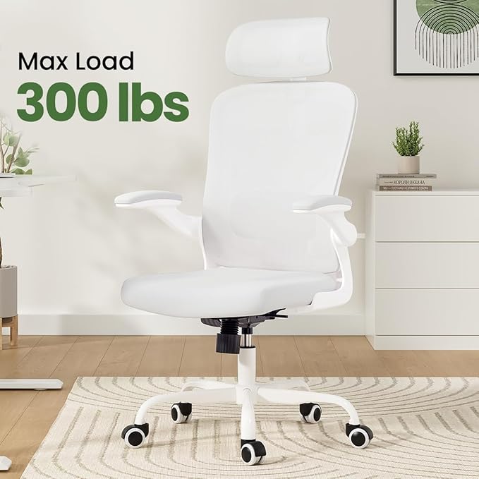 Soohow Ergonomic Office Chair, Office Mesh Desk Chair with Adjustable Lumbar Support Armrests, Comfy Computer Desk Chair with Headrest, for Home and Office, White & White