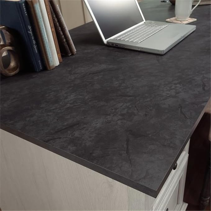 Pemberly Row Engineered Wood L-Shaped Desk in Glacier Oak/Rosso Slate Accents