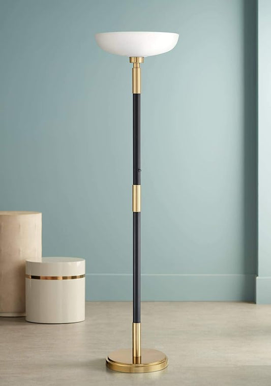 Possini Euro Design Cameron Light Blaster Modern Torchiere Floor Lamp LED 72.25" Tall Warm Antique Brass Matte Black Opal Glass Bowl Pole Light for Living Room Reading House Bedroom Home