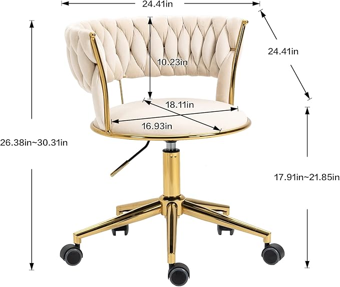 NIOIIKIT Velvet Office Desk Chair with Hand Woven Backrest, 360° Swivel & Height Adjustable Task Chairs, Makeup Chair, Living Room Chairs with Stainless Base and 5 Wheels (Ivory)