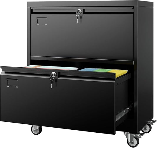 Aobabo 2 Drawer Lateral File Cabinet with Wheels, Lockable Metal Filing Cabinet for Home Office, Legal/Letter Size,Black,Required Assembled,15.87" D x 28.94" W x 34" H
