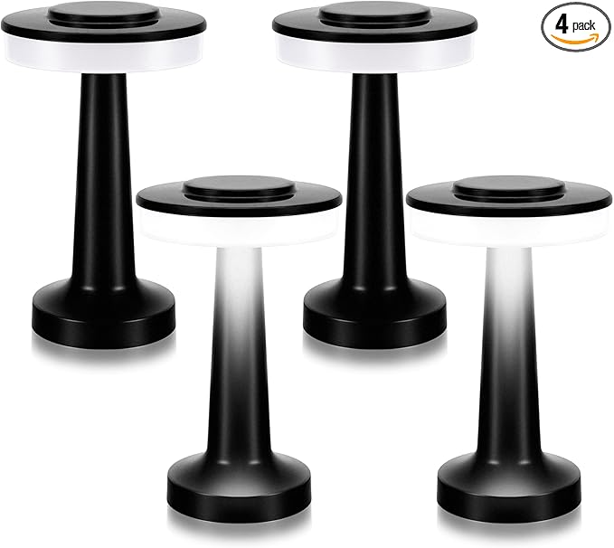 Riakrum Set of 2 LED Portable Cordless Table Lamp with Touch Sensor 3 Color Stepless Dimming Rechargeable Battery up to 15 Hours Cordless Table Light Wireless Lamp for Nursery(Black,4 Pcs)