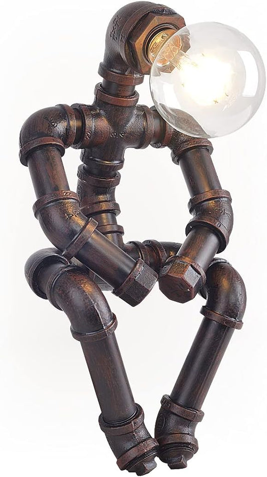 Water Pipe Table Lamp Robot Style- Retro Industrial Table Light- Antique Steampunk Metal Desk Lamp Bedside Lighting Fixture for Office, Reading Kids Room, Cafe Bar (Rust-Style B)