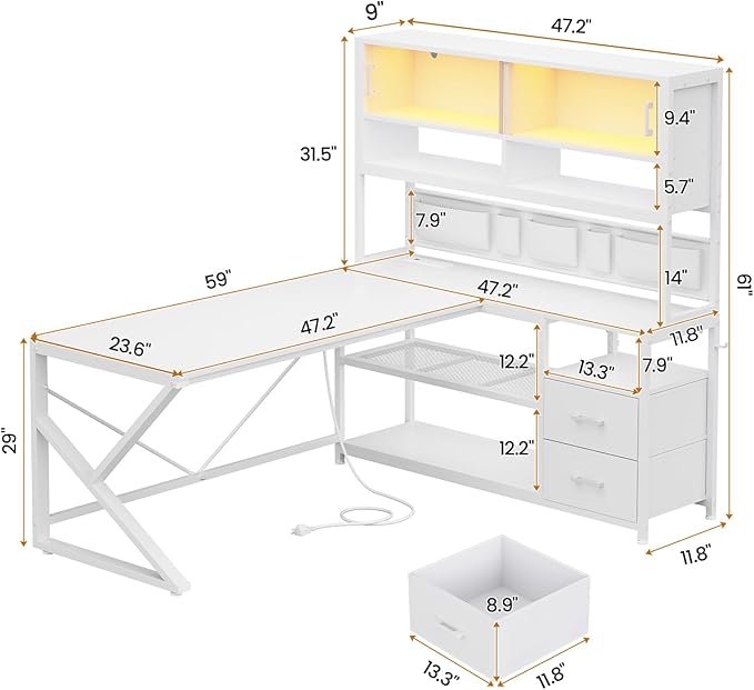SEDETA L Shaped Gaming Desk, Home Office Computer Desk with 2 Drawer and Bookshelf, L Shaped Gaming Corner Desk with LED Light, Glass Cabinet,Storage Bag and Storage Shelves, White