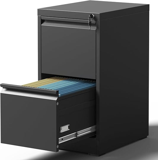 2 Drawer File Cabinet with Lock, Steel Vertical Filing Cabinets for Home Office, Small Metal Storage Cabinet for Hanging Legal/Letter Size Files, Assembly Required (Black)