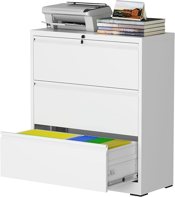 3 Drawer Lateral File Cabinet with Lock, Metal File Cabinet, Lateral File Cabinets for Home Office, Heavy Duty File Storage Cabinet for Legal/Letter/A4 Document, Assembly Required, White