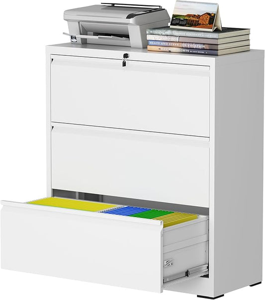 3 Drawer Lateral File Cabinet with Lock, Metal File Cabinet, Lateral File Cabinets for Home Office, Heavy Duty File Storage Cabinet for Legal/Letter/A4 Document, Assembly Required, White