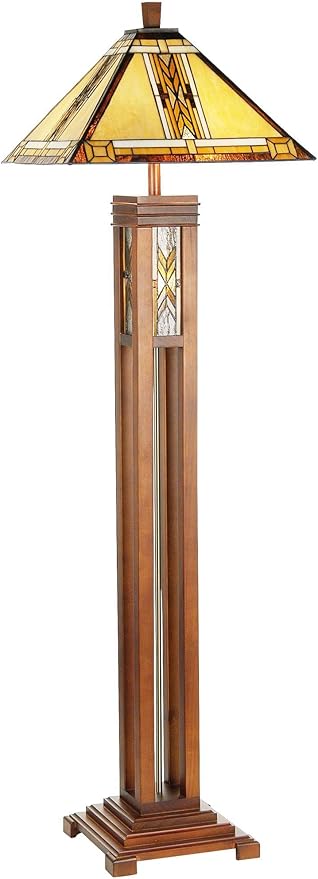 Robert Louis Tiffany Mission Rustic Tiffany Style Floor Lamp with Night Light 62.5" Tall Walnut Wood Column Square Geometric Stained Glass Shade Decor for Living Room Reading House Bedroom