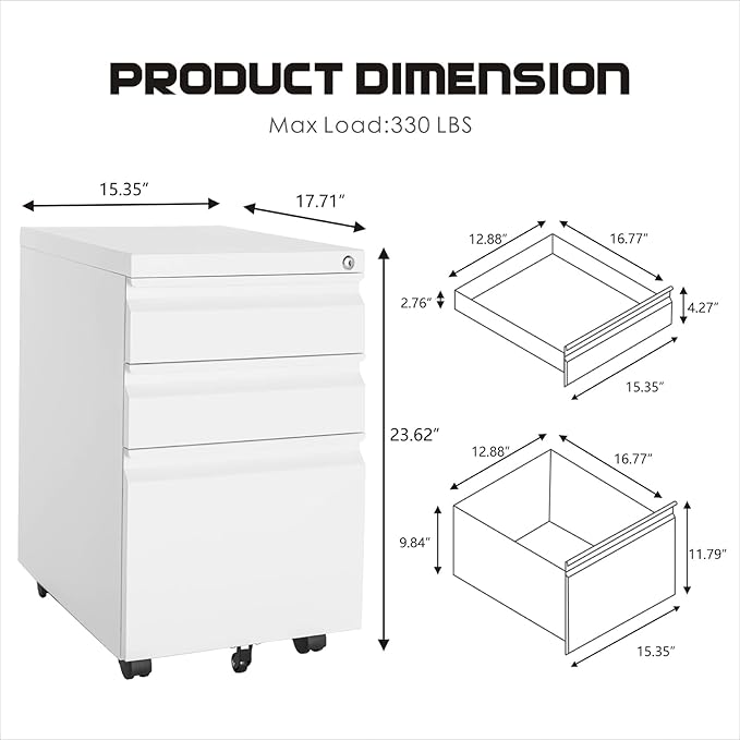 LUCYPAL 3 Drawer Mobile File Cabinet with Lock,Metal Filing Cabinet with Wheels for Legal/Letter Size,Small Filing Cabinets for Home Office Under Desk Storage,White