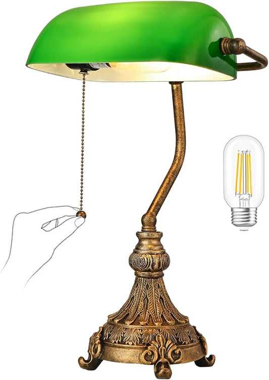 Newrays Vintage Green Glass Bankers Desk Lamp for Home Office,Library with Pull Chain Switch Plug in Fixture, LED Bulb Included