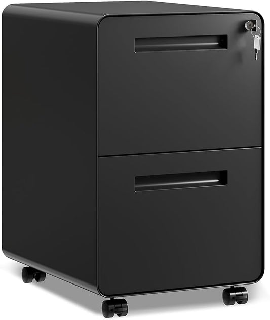 DEVAISE 2-Drawer Rounded Corner Metal File Cabinet with Lock, Mobile Filing Cabinet Under Desk for Home Office, Fully Assembled Printer Stand fits Letter/Legal Size, Black, 20" D x 15.8" W x 25" H