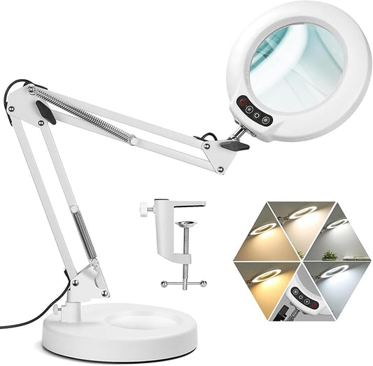Veemagni 10X Magnifying Glass with Light, 5 Color Modes Stepless Dimmable 2-in-1 Desk Lamp and Clamp, LED Lighted Magnifier with Light and Stand, Hands Free for Craft Hobby Painting Close Work - White