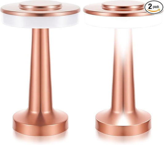 Riakrum Set of 2 LED Portable Cordless Table Lamp with Touch Sensor 3 Color Stepless Dimming Rechargeable Battery up to 15 Hours Cordless Table Light Wireless Lamp for Nursery(Rose Gold,2 Pcs)