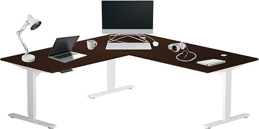 Progressive Desk Height Adjustable Electric Standing Desk - L Shaped 72" x 72" Computer Stand Up Rising Workstation Corner Table - White Frame, Roasted Walnut Top
