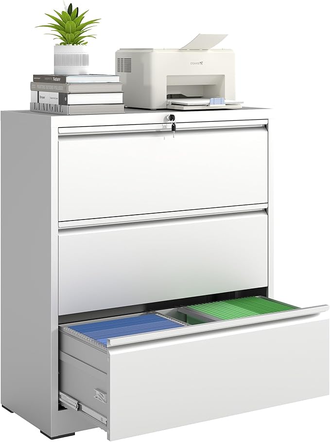 3 Drawer File Cabinet with Lock, Lateral Filing Cabinets,Metal Storage Filing Cabinets for Home Office, Heavy Duty File Cabinet for Letter/Legal/A4/F4 Size Amssebly Required, White