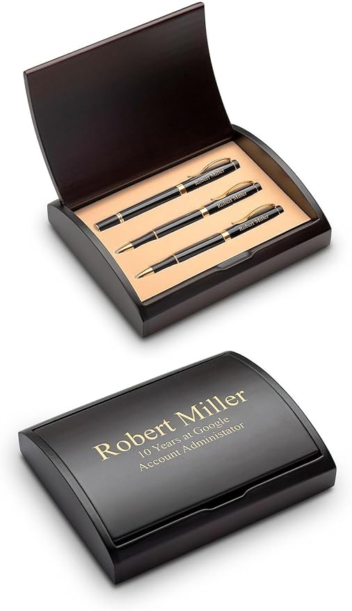 Executive Gift Shoppe | Personalized Laser Engraved Three Piece Pen & Pencil Gift Set with Cherry Wood Box