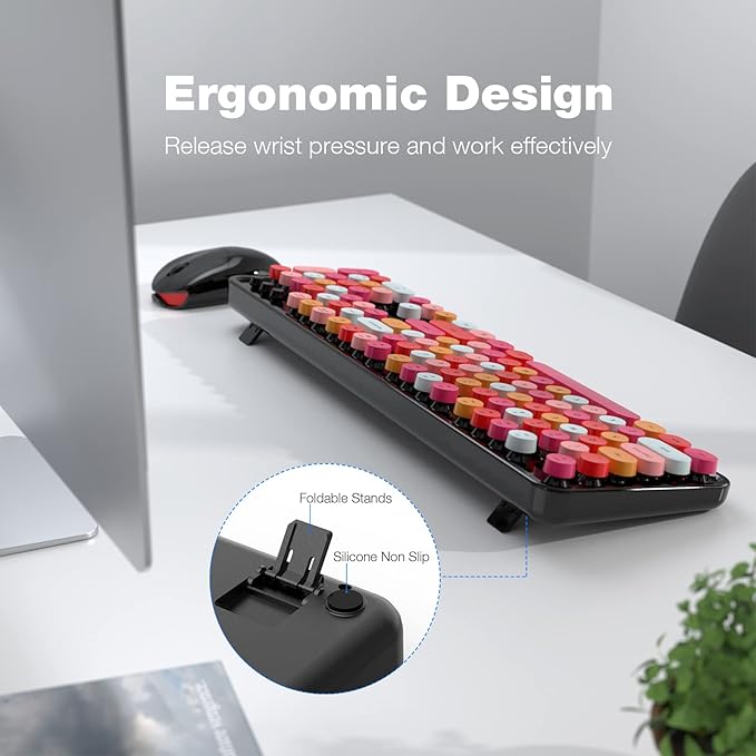 Wireless Keyboard and Mouse Combo - GEEZER Coal Black Full-Sized Colorful Keyboard 104 Keys - USB 2.4 G Receiver Plug and Play with Round Keycap Typewriter Keyboards, for Windows, PC, Laptop, Desktop
