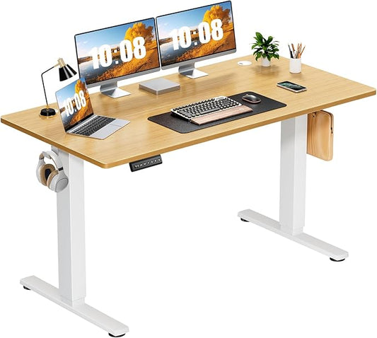 Sweetcrispy Electric Standing Desk Adjustable Height, 55x24 Inch Sit Stand Up Home Office Desks Computer Workstation PC Work Table with 3 Memory Preset Splice Wood Board Metal Frame, Oak