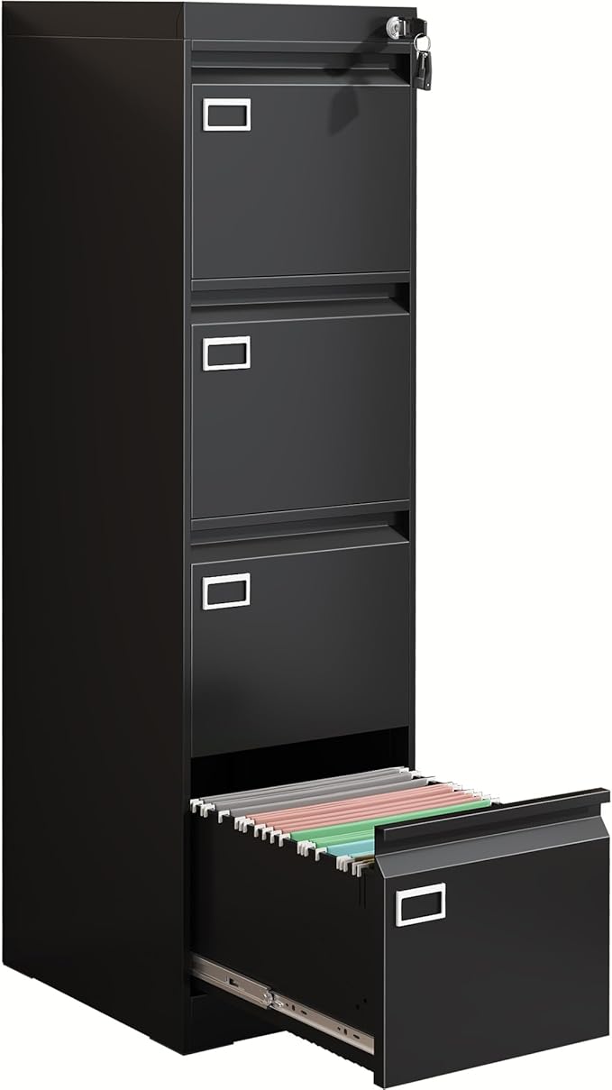 4 Drawer Metal File Cabinet with Lock, Black Lockable Filing Cabinets, Vertical Small File Cabinet with Key, Under Desk Filing Cabinets for Home Office