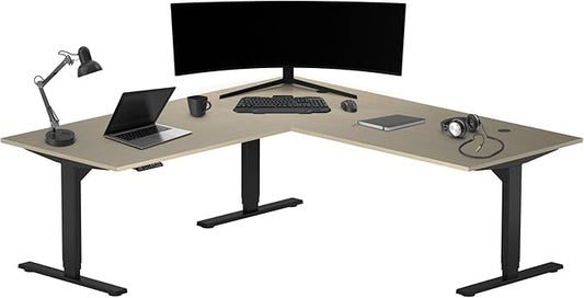 Progressive Desk Height Adjustable Electric Standing Desk - L Shaped 72" x 72" Computer Stand Up Rising Workstation Corner Table - Black Frame, Bright Beech Top