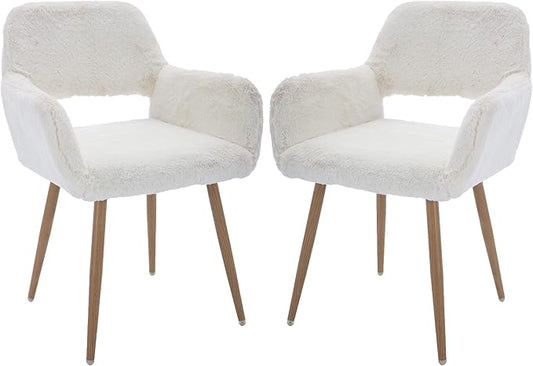 Furry Desk Chair Set of 2, Mid-Century Modern Accent Faux Fur Chair for Teen Girls, Comfy Armchair with Wood Look Metal Legs for Living Dining Room, Home Vanity Makeup Office Desk Chair No Wheel,White