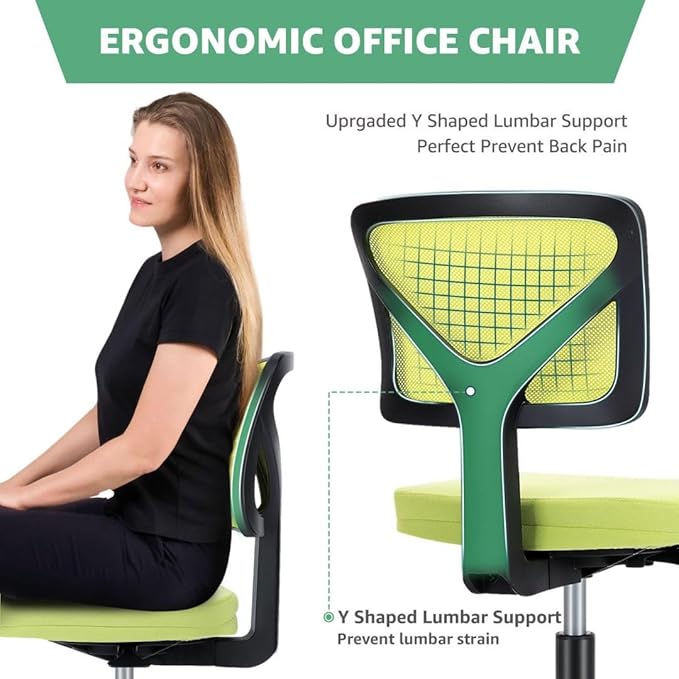 Armless Mesh Office Chair, Ergonomic Low Back Deskchair, Adjustable Rolling Task Computer Swivelchairs for Small Spaces Home Bedroom Study, Yellow
