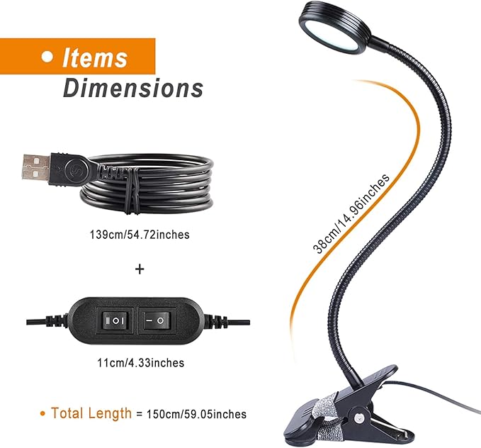 LEPOWER Clip on Light/Reading Lights/Book Light/Desk Lamp Color Changeable/Night Lights Clip on for Desk, Bed Headboard and Computers, Adapter Included (Black)