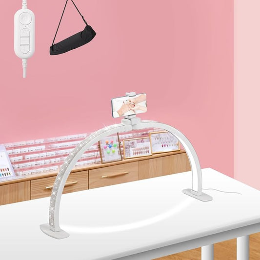 Upgraded Half Moon Light with Phone Holder, 23in Foldable Half Moon Light for Nail Desk, Nail Table Lamp with Stepless Dimming & Color Temperature (Small-23In)