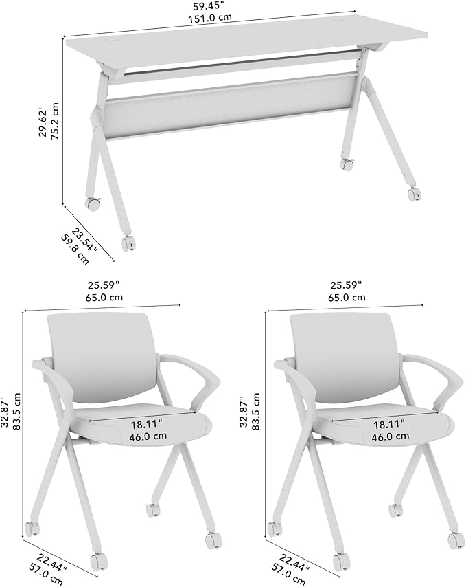 Bush Business Furniture Folding Training Table Set for 2, 60 inch Desk with Powered Grommets and 2 Chairs with Arms, Commercial-Grade Bundle for Office or Classroom, Envision Collection, White